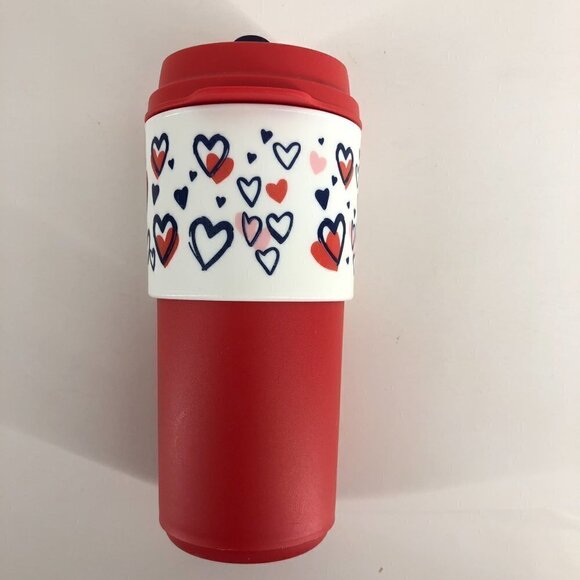 Tupperware Heart to Heart Red White Eco Cup To Go with Extra Lid Sz 490mL/16 oz - Picture 3 of 13